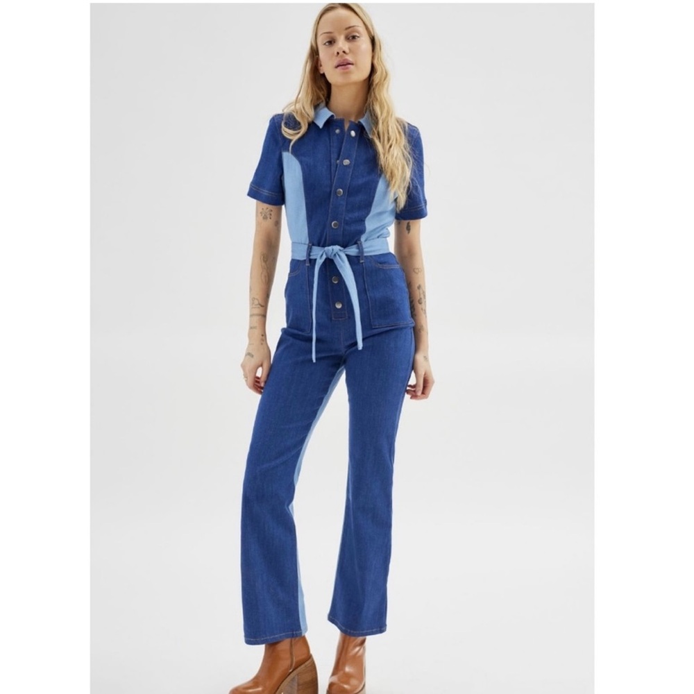 New w Tags Urban Outfitters Women's UO Isa Denim Colorblock Jumpsuit Size Large